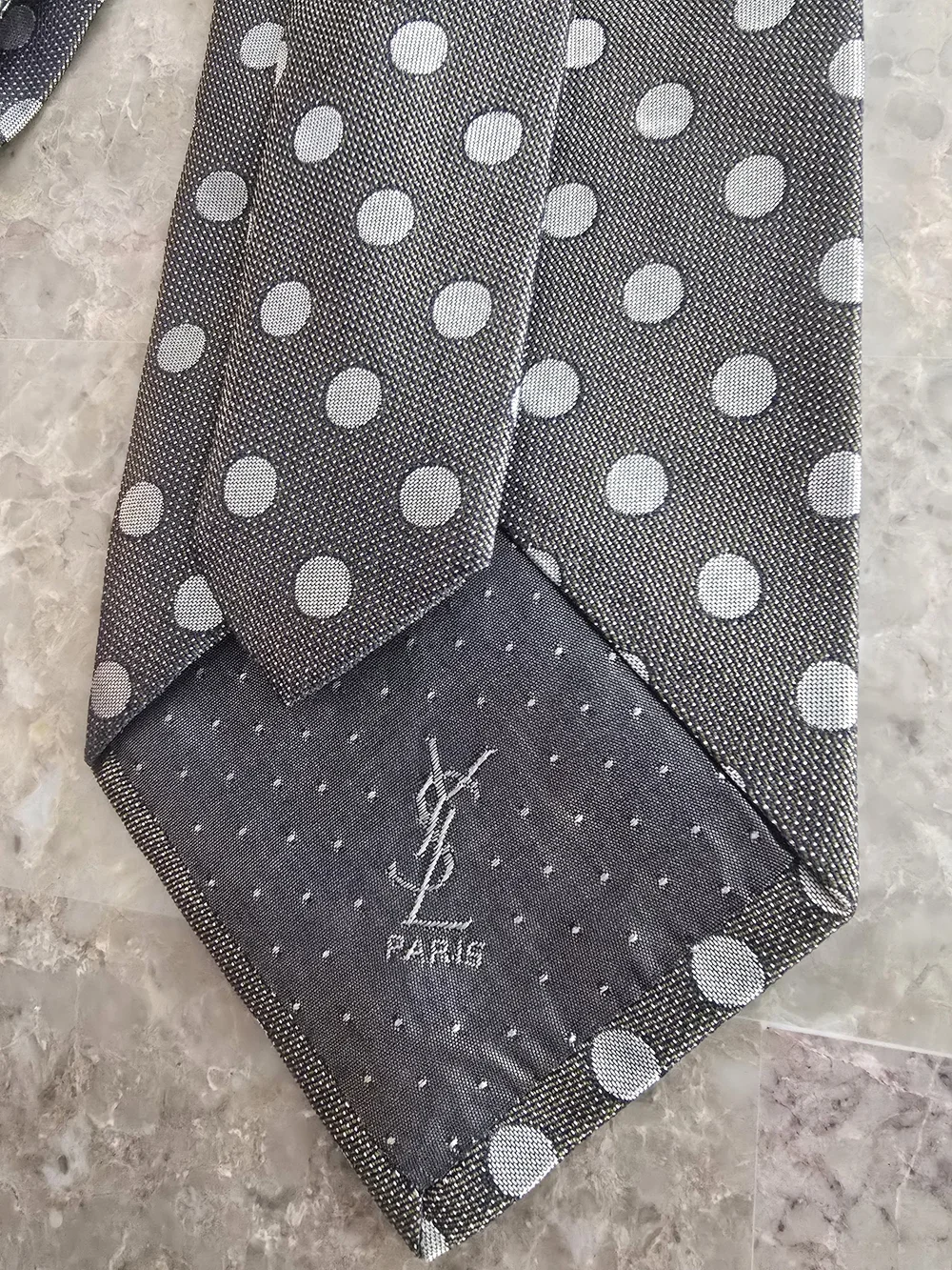 Yves Saint Laurent Gray Tie with White Polka Dots